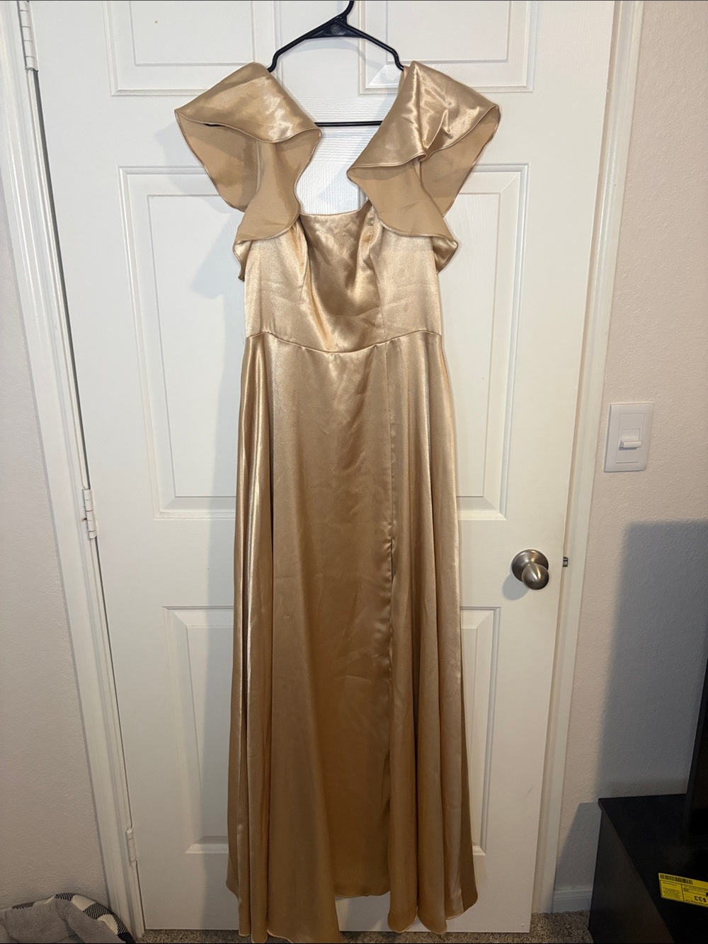 Gold Satin Ruffle-Shoulder Evening Dress